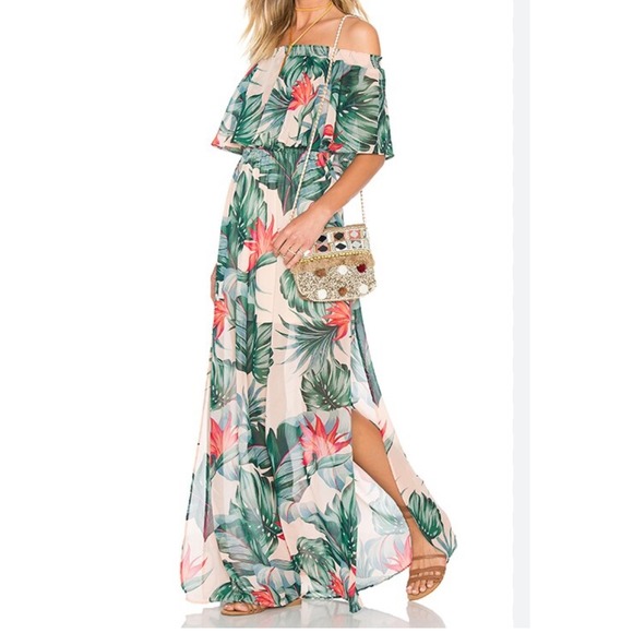 Show Me Your Mumu Hacienda Maxi Dress Off Shoulder Tropical Floral boho Large gr - Picture 2 of 8